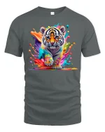 Colorful Tiger Splash Art Graphic T Shirt Powerful Animal Tee - gray t-shirt on white background