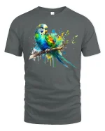 Colorful Parrot Splash Art Graphic T Shirt Vibrant Bird Tee - gray t-shirt on white background