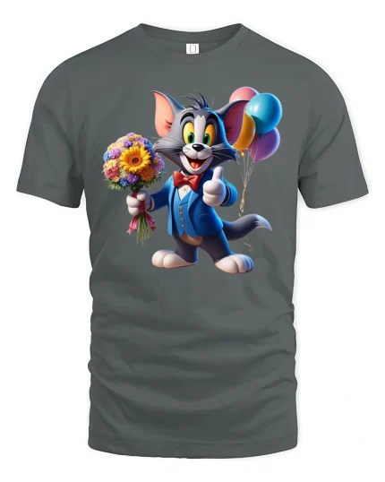 Cute Cartoon Gentleman Cat Graphic T Shirt Funny Party Art Tee - gray t-shirt on white background