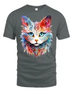 Colorful Mandala Cat Face Graphic T Shirt Artistic Animal Art Tee - gray t-shirt on white background