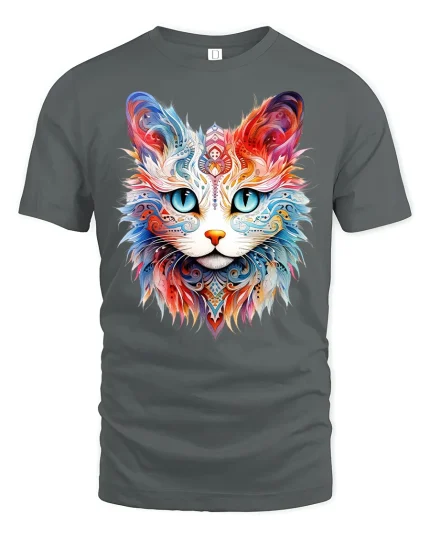 Colorful Mandala Cat Face Graphic T Shirt Artistic Animal Art Tee - gray t-shirt on white background