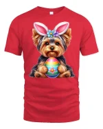 Cute Bunny Puppy Holding Colorful Egg Graphic T Shirt Sweet Art Tee - red t-shirt on white background