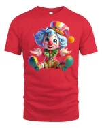 Cute Colorful Cartoon Clown Graphic T Shirt Funny Circus Art Tee - red t-shirt on white background