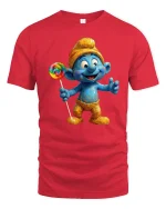 Cute Blue Cartoon Character With Lollipop Graphic T Shirt Fun Tee - red t-shirt on white background