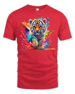 Colorful Tiger Splash Art Graphic T Shirt Powerful Animal Tee - red t-shirt on white background