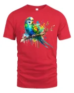 Colorful Parrot Splash Art Graphic T Shirt Vibrant Bird Tee - red t-shirt on white background
