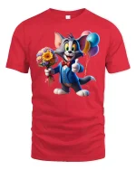 Cute Cartoon Gentleman Cat Graphic T Shirt Funny Party Art Tee - red t-shirt on white background
