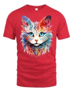 Colorful Mandala Cat Face Graphic T Shirt Artistic Animal Art Tee - red t-shirt on white background