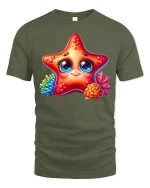 Cute Starfish Smile Graphic T Shirt Ocean Cartoon Art Tee Gift - military green t-shirt on white background
