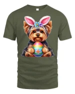 Cute Bunny Puppy Holding Colorful Egg Graphic T Shirt Sweet Art Tee - military green t-shirt on white background