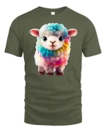 Cute Rainbow Lamb Graphic T Shirt Adorable Colorful Animal Art Tee - military green t-shirt on white background