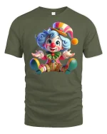 Cute Colorful Cartoon Clown Graphic T Shirt Funny Circus Art Tee - military green t-shirt on white background