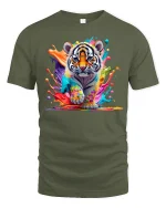 Colorful Tiger Splash Art Graphic T Shirt Powerful Animal Tee - military green t-shirt on white background
