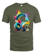 Colorful Headphones Splash Art Graphic T Shirt Music Lover Tee - military green t-shirt on white background