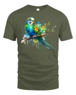 Colorful Parrot Splash Art Graphic T Shirt Vibrant Bird Tee - military green t-shirt on white background