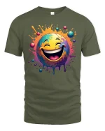 Color Splash Laughing Emoji Graphic T Shirt Funny Smiley Art Tee - military green t-shirt on white background