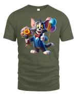 Cute Cartoon Gentleman Cat Graphic T Shirt Funny Party Art Tee - military green t-shirt on white background