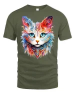 Colorful Mandala Cat Face Graphic T Shirt Artistic Animal Art Tee - military green t-shirt on white background