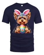 Cute Bunny Puppy Holding Colorful Egg Graphic T Shirt Sweet Art Tee - navy t-shirt on white background