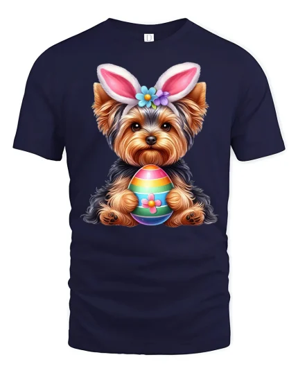 Cute Bunny Puppy Holding Colorful Egg Graphic T Shirt Sweet Art Tee - navy t-shirt on white background