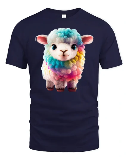 Cute Rainbow Lamb Graphic T Shirt Adorable Colorful Animal Art Tee - navy t-shirt on white background