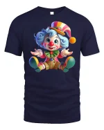 Cute Colorful Cartoon Clown Graphic T Shirt Funny Circus Art Tee - navy t-shirt on white background