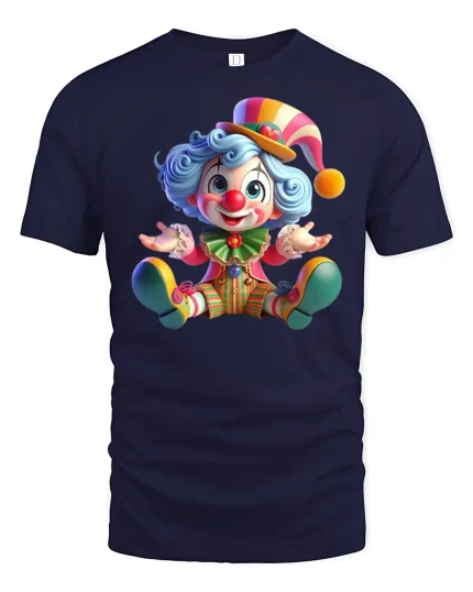 Cute Colorful Cartoon Clown Graphic T Shirt Funny Circus Art Tee - navy t-shirt on white background