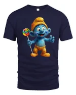 Cute Blue Cartoon Character With Lollipop Graphic T Shirt Fun Tee - navy t-shirt on white background
