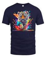 Colorful Tiger Splash Art Graphic T Shirt Powerful Animal Tee - navy t-shirt on white background
