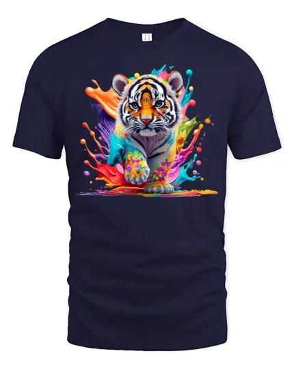 Colorful Tiger Splash Art Graphic T Shirt Powerful Animal Tee - navy t-shirt on white background