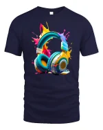 Colorful Headphones Splash Art Graphic T Shirt Music Lover Tee - navy t-shirt on white background