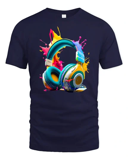 Colorful Headphones Splash Art Graphic T Shirt Music Lover Tee - navy t-shirt on white background