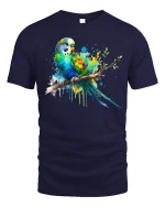 Colorful Parrot Splash Art Graphic T Shirt Vibrant Bird Tee - navy t-shirt on white background