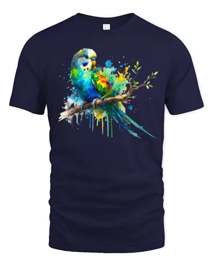Colorful Parrot Splash Art Graphic T Shirt Vibrant Bird Tee - navy t-shirt on white background