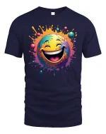 Color Splash Laughing Emoji Graphic T Shirt Funny Smiley Art Tee - navy t-shirt on white background