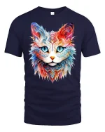 Colorful Mandala Cat Face Graphic T Shirt Artistic Animal Art Tee - navy t-shirt on white background