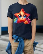 Cute Starfish Smile Graphic T Shirt Ocean Cartoon Art Tee Gift - model wearing navy tee with hands in pockets