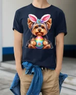 Cute Bunny Puppy Holding Colorful Egg Graphic T Shirt Sweet Art Tee - model wearing navy tee with hands in pockets