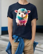 Cute Rainbow Lamb Graphic T Shirt Adorable Colorful Animal Art Tee - model wearing navy tee with hands in pockets