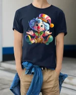 Cute Colorful Cartoon Clown Graphic T Shirt Funny Circus Art Tee - model wearing navy tee with hands in pockets