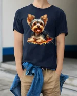 Cute Yorkshire Terrier Puppy Graphic T Shirt Adorable Dog Art Tee - model wearing navy tee with hands in pockets
