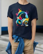 Colorful Headphones Splash Art Graphic T Shirt Music Lover Tee - model wearing navy tee with hands in pockets