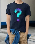 Colorful Question Mark Splash Art Graphic T Shirt Creative Tee - model wearing navy tee with hands in pockets