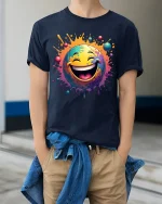Color Splash Laughing Emoji Graphic T Shirt Funny Smiley Art Tee - model wearing navy tee with hands in pockets