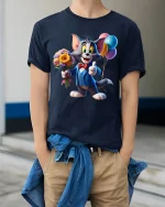 Cute Cartoon Gentleman Cat Graphic T Shirt Funny Party Art Tee - model wearing navy tee with hands in pockets