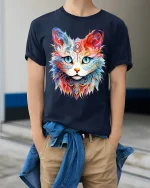 Colorful Mandala Cat Face Graphic T Shirt Artistic Animal Art Tee - model wearing navy tee with hands in pockets