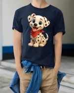 Cute Dalmatian Puppy Cartoon Graphic T Shirt Adorable Dog Art Tee - model wearing navy tee with hands in pockets