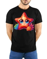 Cute Starfish Smile Graphic T Shirt Ocean Cartoon Art Tee Gift - model wearing black tee with hands behind back