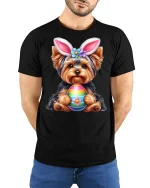 Cute Bunny Puppy Holding Colorful Egg Graphic T Shirt Sweet Art Tee - model wearing black tee with hands behind back
