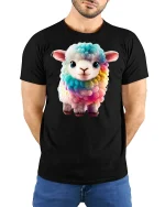 Cute Rainbow Lamb Graphic T Shirt Adorable Colorful Animal Art Tee - model wearing black tee with hands behind back